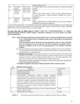 3
degree (graduation) level.
04 Law Officer
(Scale I)
Min- 20 Years
Max-30 Years
A Bachelor Degree in Law (LLB) and enrolled as an advocate with Bar
Council
05 HR/Personn
el Officer
(Scale I)
Min- 20 years
Max- 30 years
Graduate
and
Full time Post Graduate degree or Full time Post Graduate diploma in
Personnel Management / Industrial Relations/ HR/HRD/ Social Work /
Labour Law.*
06 Marketing
Officer
(Scale I)
Min- 20 years
Max- 30 years
Graduate
and
Full time MMS (Marketing) / MBA (Marketing) / Full time 2 years PGDBA /
PGDBM with specialization in Marketing *
* In case of dual specialisations, one of the fields of specialisation should be in the field prescribed. In case of major/ minor
specialisations, major specialisation should be in the stream prescribed. Candidates having PG Degree (MMS or MBA)/PG
Diploma with more than two specialisations are not eligible to apply.
For posts other than IT Officer Scale I candidates should have Certificate/Diploma/Degree in computer
operations/Language/ should have studied Computer / Information Technology as one of the subjects in the High
School/College/Institute.
Note:(1) All the educational qualifications mentioned should be from a University/ Institution/ Board recognised
by Govt. Of India/ approved by Govt. Regulatory Bodies and the result should have been declared on
or before 10.12.2015.
Proper document from Board / University for having declared the result on or before 10.12.2015
has to be submitted at the time of interview. The date of passing the examination which is
reckoned for eligibility will be the date of passing appearing on the marksheet/ Provisional
certificate.
(2) Candidate should indicate the percentage obtained in Graduation calculated to the nearest two decimals in
the online application. Where CGPA / OGPA is awarded, the same should be converted into percentage
and indicate the same in online application.
(3) Calculation of Percentage:The percentage marks shall be arrived at by dividing the marks obtained by the
candidate in all the subjects in all semester(s)/year(s) by aggregate maximum marks in all the subjects
irrespective of honours / optional / additional optional subject, if any. This will be applicable for those
Universities also where Class / Grade is decided on basis of Honours marks only.
The fraction of percentage so arrived will be ignored i.e. 59.99% will be treated as less than 60% and
54.99% will be treated as less than 55%.
(4)Candidates can apply for only one post. Multiple applications will be summarily rejected.
IV. Relaxation of Upper age limit
Sr. No. Category Age relaxation
1 Scheduled Caste/Scheduled Tribe 5 years
2 Other Backward Classes 3 years
3 Persons With Disability 10 years
4 Ex-Servicemen, Commissioned Officers including Emergency
Commissioned Officers (ECOs)/ Short Service Commissioned Officers
(SSCOs) who have rendered at least 5 years military service and have been
released on completion of assignment (including those whose assignment is
due to be completed within one year from the last date of receipt of
application) otherwise than by way of dismissal or discharge on account of
misconduct or inefficiency or physical disability attributable to military
service or invalidment
5 years
5 Persons ordinarily domiciled in the State of Jammu & Kashmir during the
period 1-1-80 to 31-12-89
5 years
6 Persons affected by 1984 riots 5 years
NOTE: (i) The maximum age limit specified in (II) above is applicable to General Category candidates.
 