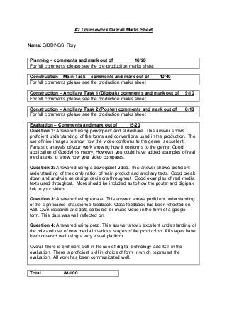 A2 Coursework Overall Marks Sheet
Name: GIDDINGS Rory
Planning – comments and mark out of 16/20
For full comments please see the pre-production marks sheet
Construction – Main Task – comments and mark out of 40/40
For full comments please see the production marks sheet
Construction – Ancillary Task 1 (Digipak) comments and mark out of 9/10
For full comments please see the production marks sheet
Construction – Ancillary Task 2 (Poster) comments and mark out of 8/10
For full comments please see the production marks sheet
Evaluation – Comments and mark out of 15/20
Question 1: Answered using powerpoint and slideshare. This answer shows
proficient understanding of the forms and conventions used in the production. The
use of nine images to show how the video conforms to the genre is excellent.
Fantastic analysis of your work showing how it conforms to the genre. Good
application of Goodwin’s theory. However you could have added examples of real
media texts to show how your video compares.
Question 2: Answered using a powerpoint video. This answer shows proficient
understanding of the combination of main product and ancillary texts. Good break
down and analysis on design decisions throughout. Good examples of real media
texts used throughout. More should be included as to how the poster and digipak
link to your video.
Question 3: Answered using emaze. This answer shows proficient understanding
of the significance of audience feedback. Class feedback has been reflected on
well. Own research and data collected for music video in the form of a google
form. This data was well reflected on.
Question 4: Answered using prezi. This answer shows excellent understanding of
the role and use of new media in various stages of the production. All stages have
been covered well using a very visual platform.
Overall there is proficient skill in the use of digital technology and ICT in the
evaluation. There is proficient skill in choice of form in which to present the
evaluation. All work has been communicated well.
Total 88/100
 