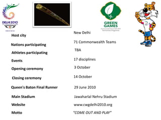    New Delhi  Host city    71 Commonwealth Teams   Nations participating  TBA     Athletes participating    17 disciplines  Events3 October  Opening ceremony 14 October    Closing ceremony      Queen's Baton Final Runner   29 June 2010     Main Stadium      Jawaharlal Nehru Stadium  Website       www.cwgdelhi2010.org  Motto         “COME OUT AND PLAY”