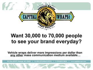 Want 30,000 to 70,000 people to see your brand everyday? Vehicle wraps deliver more impressions per dollar than  any other  mass communication medium available… 