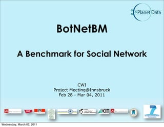 BotNetBM

          A Benchmark for Social Network


                                       CWI
                            Project Meeting@Innsbruck
                              Feb 28 - Mar 04, 2011




Wednesday, March 02, 2011
 