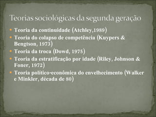 Teoria da continuidade (Atchley,1989) Teoria do colapso de competência (Kuypers & Bengtson, 1973) Teoria da troca (Dowd, 1975) Teoria da estratificação por idade (Riley, Johnson & Foner, 1972) Teoria político-econômica do envelhecimento (Walker e Minkler, década de 80) 