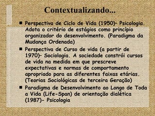Perspectiva de Ciclo de Vida (1950)– Psicologia. Adota o critério de estágios como princípio organizador do desenvolvimento. (Paradigma da Mudança Ordenada) Perspectiva de Curso de vida (a partir de 1970)– Sociologia. A sociedade constrói cursos de vida na medida em que prescreve expectativas e normas de comportamento apropriado para as diferentes faixas etárias. (Teorias Sociológicas de terceira Geração) Paradigma de Desenvolvimento ao Longo de Toda a Vida (Life-Span) de orientação dialética (1987)- Psicologia Contextualizando... 