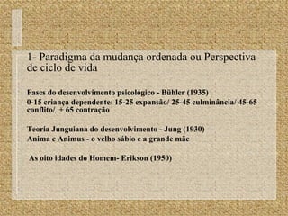 1- Paradigma da mudança ordenada ou Perspectiva de ciclo de vida Fases do desenvolvimento psicológico - Bühler (1935) 0-15 criança dependente/ 15-25 expansão/ 25-45 culminância/ 45-65 conflito/  + 65 contração Teoria Junguiana do desenvolvimento - Jung (1930) Anima e Animus - o velho sábio e a grande mãe As oito idades do Homem- Erikson (1950) 