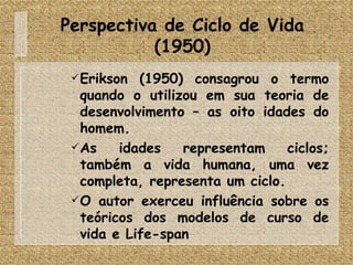 Perspectiva de Ciclo de Vida (1950) Erikson (1950) consagrou o termo quando o utilizou em sua teoria de desenvolvimento – as oito idades do homem. As idades representam ciclos; também a vida humana, uma vez completa, representa um ciclo. O autor exerceu influência sobre os teóricos dos modelos de curso de vida e Life-span  