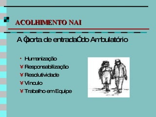 ACOLHIMENTO NAI A “porta de entrada” do Ambulatório Humanização  Responsabilização  Resolutividade Vínculo Trabalho em Equipe 