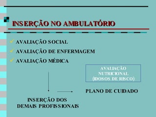 INSERÇÃO NO AMBULATÓRIO AVALIAÇÃO SOCIAL AVALIAÇÃO DE ENFERMAGEM AVALIAÇÃO MÉDICA PLANO DE CUIDADO INSERÇÃO DOS  DEMAIS PROFISSIONAIS AVALIAÇÃO NUTRICIONAL (IDOSOS DE RISCO)‏ 