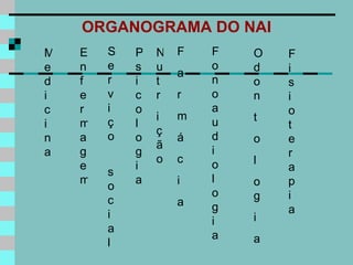 ORGANOGRAMA DO NAI Medicina Enfermagem Serviço  social Nutr ição Fisioterapia Psicologia F a r m á c i a Odon t o l og i a Fonoaudiologia 