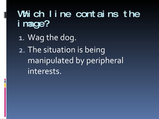 Which line contains the image? Wag the dog. The situation is being manipulated by peripheral interests. 