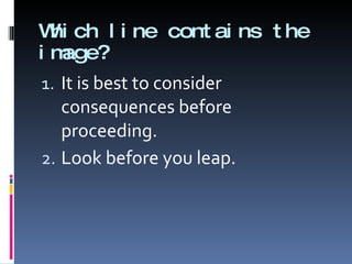 Which line contains the image? It is best to consider consequences before proceeding.  Look before you leap. 