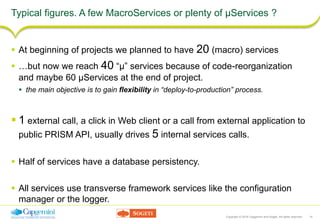 Copyright © 2016 Capgemini and Sogeti. All rights reserved. 14
Typical figures. A few MacroServices or plenty of µServices ?
 At beginning of projects we planned to have 20 (macro) services
 …but now we reach 40 “µ” services because of code-reorganization
and maybe 60 µServices at the end of project.
 the main objective is to gain flexibility in “deploy-to-production” process.
 1 external call, a click in Web client or a call from external application to
public PRISM API, usually drives 5 internal services calls.
 Half of services have a database persistency.
 All services use transverse framework services like the configuration
manager or the logger.
 