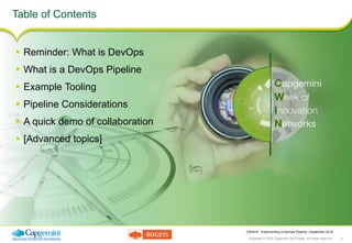 CWIN16 - Implementing a DevOps Pipeline | September 2016
Copyright © 2016 Capgemini and Sogeti. All rights reserved. 2
Tab...