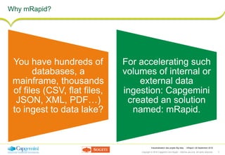 Copyright © 2016 Capgemini and Sogeti – Internal use only. All rights reserved. 3
Industrialisation des projets Big data : mRapid | 26 Septembre 2016
Why mRapid?
You have hundreds of
databases, a
mainframe, thousands
of files (CSV, flat files,
JSON, XML, PDF…)
to ingest to data lake?
For accelerating such
volumes of internal or
external data
ingestion: Capgemini
created an solution
named: mRapid.
 