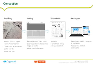 UX design & innovation | 26/09/16
Copyright © 2016 Capgemini and Sogeti – Internal use only. All rights reserved. 28
Conception
Sketching
Jeter ses idées sur papier
Établir une composition
Essayer, rater, recommencer
Garder une idée
Illustrer une idée
Zoning
Identifier les principales zones
Lister les contenus et essayer de
ne pas en oublier
Hiérarchiser l’information
Wireframes
Squelette
Il complète le zoning
avec plus de détails
Prototype
Pages fonctionnelles, cliquables
et interactives,
Peut servir à des tests
d’utilisabilité
 