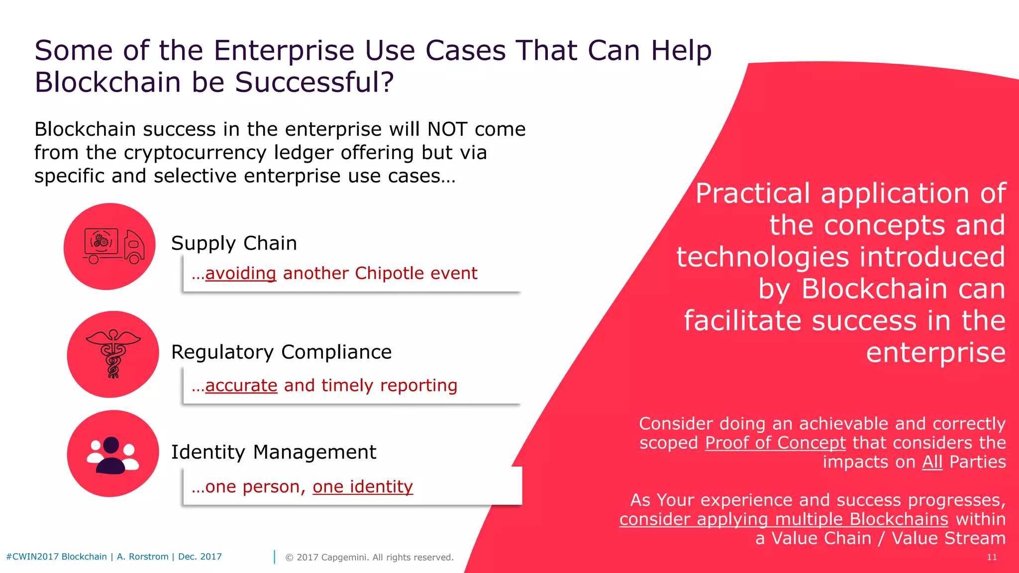 11© 2017 Capgemini. All rights reserved.#CWIN2017 Blockchain | A. Rorstrom | Dec. 2017
Regulatory Compliance
Identity Management
Blockchain success in the enterprise will NOT come
from the cryptocurrency ledger offering but via
specific and selective enterprise use cases…
Supply Chain
Consider doing an achievable and correctly
scoped Proof of Concept that considers the
impacts on All Parties
As Your experience and success progresses,
consider applying multiple Blockchains within
a Value Chain / Value Stream
Practical application of
the concepts and
technologies introduced
by Blockchain can
facilitate success in the
enterprise
Some of the Enterprise Use Cases That Can Help
Blockchain be Successful?
…avoiding another Chipotle event
…accurate and timely reporting
…one person, one identity
 
