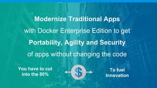 How do you get things to change
Modernize Traditional Apps
with Docker Enterprise Edition to get
Portability, Agility and Security
of apps without changing the code
You have to cut
into the 80%
To fuel
Innovation
 