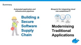 Summary
Building a
Secure
Software
Supply
Chain
Modernising
Traditional
Applications
Automated application and
infrastructure pipelines
Blueprint for integrating cloud
into established IT
 