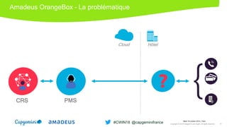Amadeus OrangeBox – La problématique
Existant …
CRS PMS
{
Cloud Hôtel
Mardi 16 octobre 2018 │ Paris
Copyright © 2018 Capgemini and Sogeti. All rights reserved. 10
#CWIN18 @capgeminifrance
 