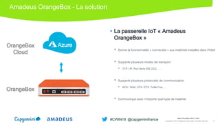 Amadeus OrangeBox – La solution
 La passerelle IoT « Amadeus
OrangeBox »
 Donne la fonctionnalité « connectée » aux matériels installés dans l’hôtel
 Supporte plusieurs modes de transport
• TCP / IP, Port Série (RS 232), …
 Supporte plusieurs protocoles de communication
• ACK / NAK, STX / ETX, Taille Fixe, …
 Communique avec n’importe quel type de matériel
OrangeBox
Cloud
OrangeBox
Azure
Mardi 16 octobre 2018 │ Paris
Copyright © 2018 Capgemini and Sogeti. All rights reserved. 12
#CWIN18 @capgeminifrance
 