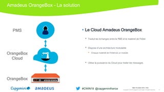 Amadeus OrangeBox – La solution
 Le Cloud Amadeus OrangeBox
 Traduit les échanges entre le PMS et le matériel de l’hôtel
 Dispose d’une architecture modulable
• Chaque matériel de l’hôtel est un module
 Utilise la puissance du Cloud pour traiter les messages
PMS
OrangeBox
Cloud
OrangeBox
Mardi 16 octobre 2018 │ Paris
Copyright © 2018 Capgemini and Sogeti. All rights reserved. 13
#CWIN18 @capgeminifrance
 