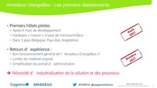 Amadeus OrangeBox – Les premiers déploiements
 Premiers hôtels pilotes
 Après 6 mois de développement
 Hardware « maison » à base de microcontrôleur
 Dans 3 pays (Belgique, Pays-Bas, Angleterre)
 Retours d’expérience :
 Bon fonctionnement général de l’Amadeus OrangeBox v1
 Limites du matériel original
 Simplification du portail d’administration
 Nécessité d’industrialisation de la solution et des processus
Mardi 16 octobre 2018 │ Paris
Copyright © 2018 Capgemini and Sogeti. All rights reserved. 15
#CWIN18 @capgeminifrance
 