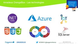Amadeus OrangeBox – Les technologies
Mardi 16 octobre 2018 │ Paris
Copyright © 2018 Capgemini and Sogeti. All rights reserved. 18
#CWIN18 @capgeminifrance
 
