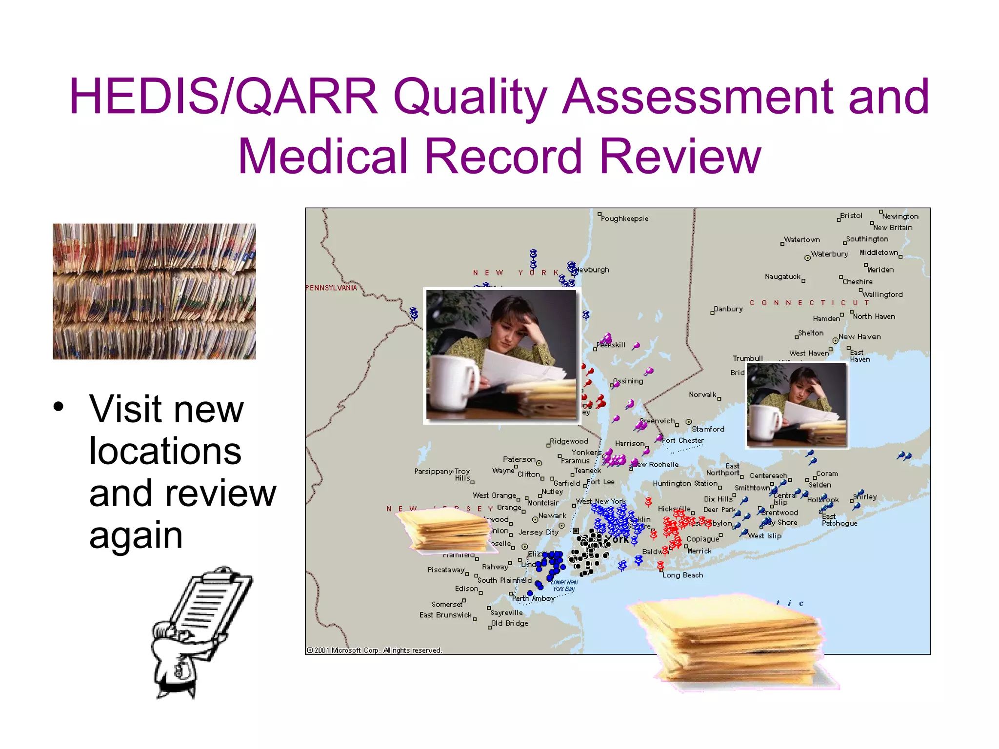 HEDIS/QARR Quality Assessment and
      Medical Record Review



• Visit new
  locations
  and review
  again
 