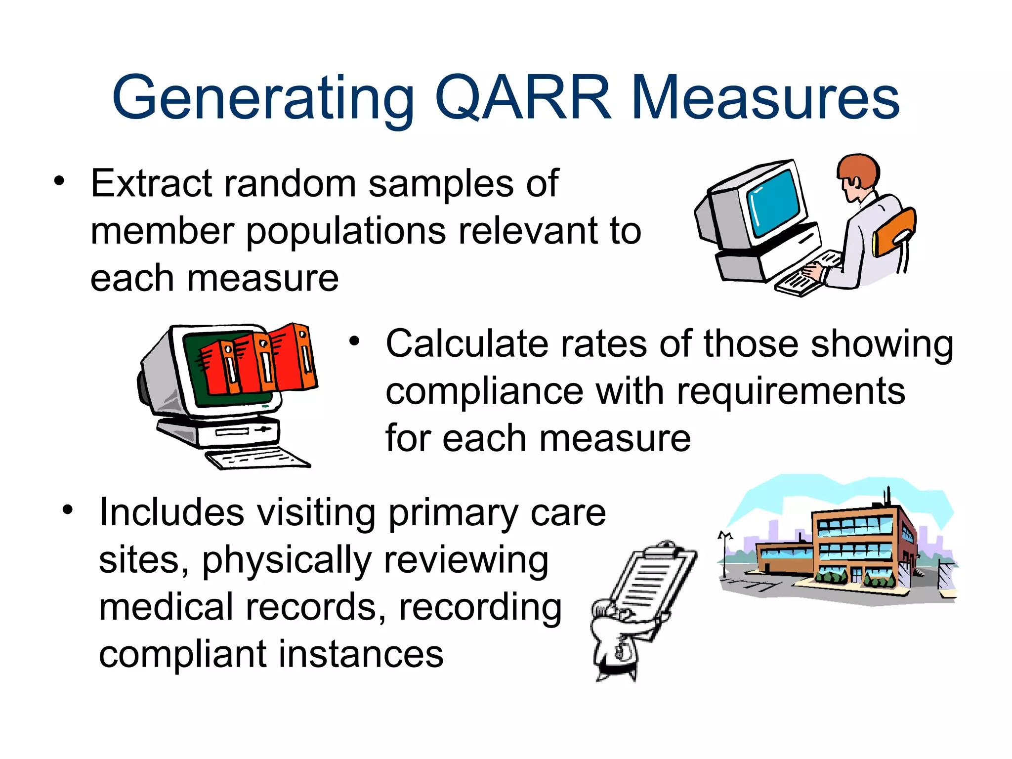 Generating QARR Measures
• Extract random samples of
  member populations relevant to
  each measure
                • Calculate rates of those showing
                  compliance with requirements
                  for each measure
• Includes visiting primary care
  sites, physically reviewing
  medical records, recording
  compliant instances
 