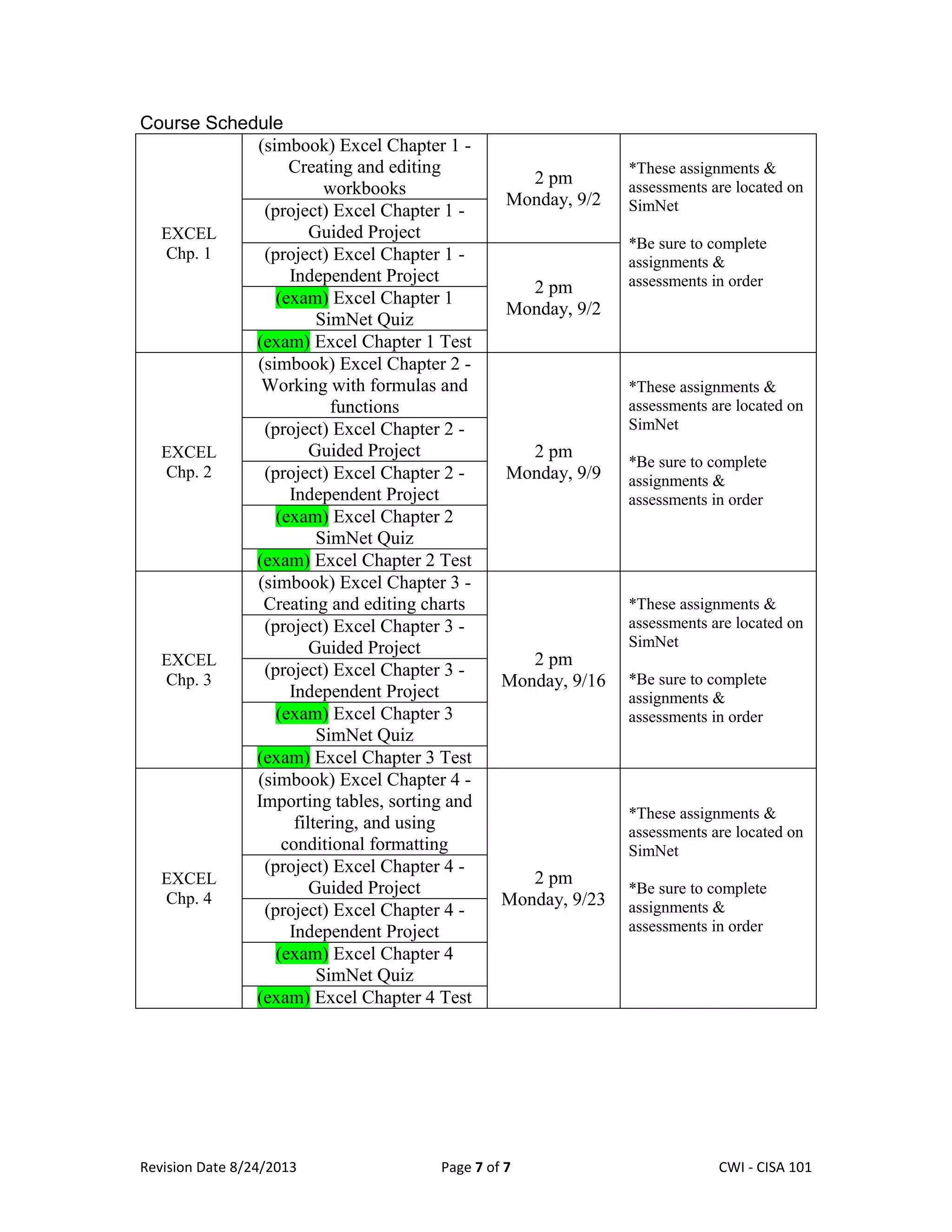 Revision Date 8/24/2013 Page 7 of 7 Lex Mulder– CWI - CISA 101
Course Schedule
EXCEL
Chp. 1
(simbook) Excel Chapter 1 -
Creating and editing
workbooks
2 pm
Monday, 9/2
*These assignments &
assessments are located on
SimNet
*Be sure to complete
assignments &
assessments in order
(project) Excel Chapter 1 -
Guided Project
(project) Excel Chapter 1 -
Independent Project
2 pm
Monday, 9/2
(exam) Excel Chapter 1
SimNet Quiz
(exam) Excel Chapter 1 Test
EXCEL
Chp. 2
(simbook) Excel Chapter 2 -
Working with formulas and
functions
2 pm
Monday, 9/9
*These assignments &
assessments are located on
SimNet
*Be sure to complete
assignments &
assessments in order
(project) Excel Chapter 2 -
Guided Project
(project) Excel Chapter 2 -
Independent Project
(exam) Excel Chapter 2
SimNet Quiz
(exam) Excel Chapter 2 Test
EXCEL
Chp. 3
(simbook) Excel Chapter 3 -
Creating and editing charts
2 pm
Monday, 9/16
*These assignments &
assessments are located on
SimNet
*Be sure to complete
assignments &
assessments in order
(project) Excel Chapter 3 -
Guided Project
(project) Excel Chapter 3 -
Independent Project
(exam) Excel Chapter 3
SimNet Quiz
(exam) Excel Chapter 3 Test
EXCEL
Chp. 4
(simbook) Excel Chapter 4 -
Importing tables, sorting and
filtering, and using
conditional formatting
2 pm
Monday, 9/23
*These assignments &
assessments are located on
SimNet
*Be sure to complete
assignments &
assessments in order
(project) Excel Chapter 4 -
Guided Project
(project) Excel Chapter 4 -
Independent Project
(exam) Excel Chapter 4
SimNet Quiz
(exam) Excel Chapter 4 Test
 