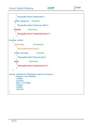 Renas Rajab Rekany OOP 2018
117
{
MessageBox.Show("animal talk");
}
public void greet() //Function
{
MessageBox.Show("animal say hello");
}
~animal() //Destructor
{
MessageBox.Show("animal Destructor");
}
}
class dog : animal
{
public dog() //Constructor
{
MessageBox.Show("dog");
}
public void sing() //Function
{
MessageBox.Show("dog can sing");
}
~dog() //Destructor
{
MessageBox.Show("dog Destructor");
}
}
private void button1_Click(object sender, EventArgs e)
{ animal a = new animal();
a.talk();
a.greet();
dog d = new dog();
d.sing();
d.talk();
d.greet();
}
 