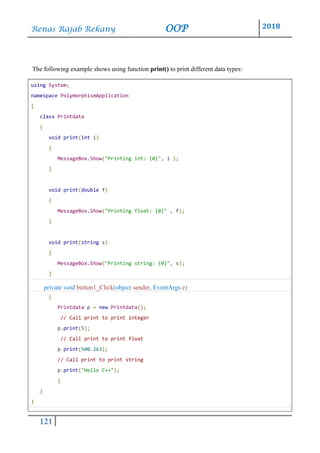 Renas Rajab Rekany OOP 2018
121
The following example shows using function print() to print different data types:
using System;
namespace PolymorphismApplication
{
class Printdata
{
void print(int i)
{
MessageBox.Show("Printing int: {0}", i );
}
void print(double f)
{
MessageBox.Show("Printing float: {0}" , f);
}
void print(string s)
{
MessageBox.Show("Printing string: {0}", s);
}
private void button1_Click(object sender, EventArgs e)
{
Printdata p = new Printdata();
// Call print to print integer
p.print(5);
// Call print to print float
p.print(500.263);
// Call print to print string
p.print("Hello C++");
}
}
}
 