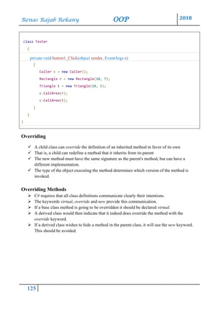 Renas Rajab Rekany OOP 2018
125
class Tester
{
private void button1_Click(object sender, EventArgs e)
{
Caller c = new Caller();
Rectangle r = new Rectangle(10, 7);
Triangle t = new Triangle(10, 5);
c.CallArea(r);
c.CallArea(t);
}
}
}
Overriding
✓ A child class can override the definition of an inherited method in favor of its own
✓ That is, a child can redefine a method that it inherits from its parent
✓ The new method must have the same signature as the parent's method, but can have a
different implementation.
✓ The type of the object executing the method determines which version of the method is
invoked.
Overriding Methods
➢ C# requires that all class definitions communicate clearly their intentions.
➢ The keywords virtual, override and new provide this communication.
➢ If a base class method is going to be overridden it should be declared virtual.
➢ A derived class would then indicate that it indeed does override the method with the
override keyword.
➢ If a derived class wishes to hide a method in the parent class, it will use the new keyword.
This should be avoided.
 