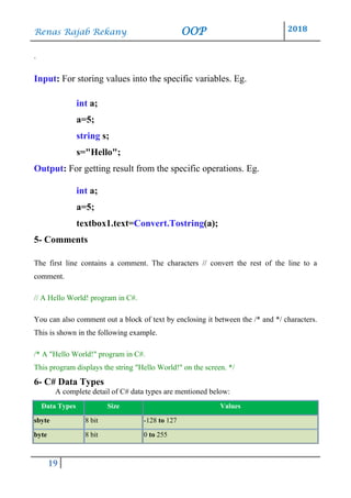 Renas Rajab Rekany OOP 2018
19
.
Input: For storing values into the specific variables. Eg.
int a;
a=5;
string s;
s="Hello";
Output: For getting result from the specific operations. Eg.
int a;
a=5;
textbox1.text=Convert.Tostring(a);
5- Comments
The first line contains a comment. The characters // convert the rest of the line to a
comment.
// A Hello World! program in C#.
You can also comment out a block of text by enclosing it between the /* and */ characters.
This is shown in the following example.
/* A "Hello World!" program in C#.
This program displays the string "Hello World!" on the screen. */
6- C# Data Types
A complete detail of C# data types are mentioned below:
Data Types Size Values
sbyte 8 bit -128 to 127
byte 8 bit 0 to 255
 