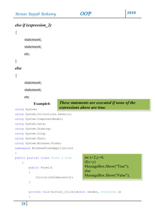 Renas Rajab Rekany OOP 2018
28
else if (expression_2)
{
statement;
statement;
etc.
}
else
{
statement;
statement;
etc
Example4:
using System;
using System.Collections.Generic;
using System.ComponentModel;
using System.Data;
using System.Drawing;
using System.Linq;
using System.Text;
using System.Windows.Forms;
namespace WindowsFormsApplication1
{
public partial class Form1 : Form
{
public Form1()
{
InitializeComponent();
}
private void button1_Click(object sender, EventArgs e)
{
These statements are executed if none of the
expressions above are true.
int x=2,y=4;
if(x>y)
MessageBox.Show("True");
else
MessageBox.Show("False");
 