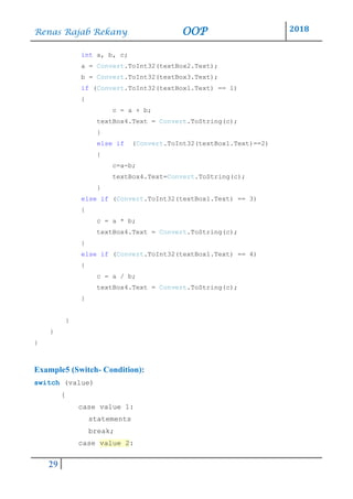 Renas Rajab Rekany OOP 2018
29
int a, b, c;
a = Convert.ToInt32(textBox2.Text);
b = Convert.ToInt32(textBox3.Text);
if (Convert.ToInt32(textBox1.Text) == 1)
{
c = a + b;
textBox4.Text = Convert.ToString(c);
}
else if (Convert.ToInt32(textBox1.Text)==2)
{
c=a-b;
textBox4.Text=Convert.ToString(c);
}
else if (Convert.ToInt32(textBox1.Text) == 3)
{
c = a * b;
textBox4.Text = Convert.ToString(c);
}
else if (Convert.ToInt32(textBox1.Text) == 4)
{
c = a / b;
textBox4.Text = Convert.ToString(c);
}
}
}
}
Example5 (Switch- Condition):
switch (value)
{
case value 1:
statements
break;
case value 2:
 