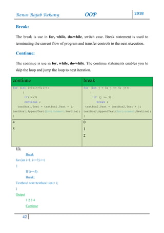 Renas Rajab Rekany OOP 2018
42
Break:
The break is use in for, while, do-while, switch case. Break statement is used to
terminating the current flow of program and transfer controls to the next execution.
Continue:
The continue is use in for, while, do-while. The continue statements enables you to
skip the loop and jump the loop to next iteration.
continue break
for (int i=0;i<=5;i++)
{
if(i<=3)
continue ;
textBox1.Text = textBox1.Text + i;
textBox1.AppendText(Environment.NewLine);
}
4
5
for (int j = 0; j <= 5; j++)
{
if (j >= 3)
break ;
textBox2.Text = textBox2.Text + j;
textBox2.AppendText(Environment.NewLine);
}
0
1
2
EX:
Break
for (int i=1; i<=7;i++)
{
If (i==5)
Break;
Textbox1.text=textbox1.text+ i;
}
Output
1 2 3 4
Continue
 