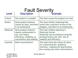 (c) 2007 Mauro
Pezzè & Michal
Ch 20, slide 112
Fault Severity
Level Description Example
Critical The product is unusable The fault causes the program to crash
Severe Some product features
cannot be used, and there
is no workaround
The fault inhibits importing files
saved with a previous version of the
program, and there is no workaround
Moderate Some product features
require workarounds to
use, and reduce
efficiency, reliability, or
convenience and usability
The fault inhibits exporting in
Postscript format.
Postscript can be produced using the
printing facility, but with loss of
usability and efficiency
Cosmetic Minor inconvenience The fault limits the choice of colors
for customizing the graphical
interface, violating the specification
but causing only minor inconvenience
 