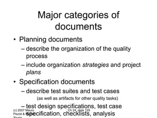 (c) 2007 Mauro
Pezzè & Michal
Ch 24, slide 129
Major categories of
documents
• Planning documents
– describe the organization of the quality
process
– include organization strategies and project
plans
• Specification documents
– describe test suites and test cases
(as well as artifacts for other quality tasks)
– test design specifications, test case
specification, checklists, analysis
 