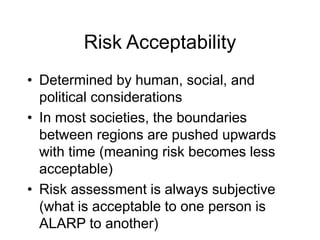 Risk Acceptability
• Determined by human, social, and
political considerations
• In most societies, the boundaries
between regions are pushed upwards
with time (meaning risk becomes less
acceptable)
• Risk assessment is always subjective
(what is acceptable to one person is
ALARP to another)
 