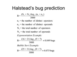 Halstead’s bug prediction
bugs
0.075
3000
7)
+
(9
log
31)
+
(25
=
B
bugs
0.049
3000
7)
+
(9
log
21)
+
(16
=
B
operands
of
number
total
the
=
N
operators
of
number
total
the
=
N
operands
distinct
of
number
the
=
n
operators
distinct
of
number
the
=
n
3000
)
n
+
(n
log
)
N
+
(N
=
B
2
2
2
1
2
1
2
1
2
2
1


t Example:
Bubble Sor
le:
tion Examp
Exponentia
 