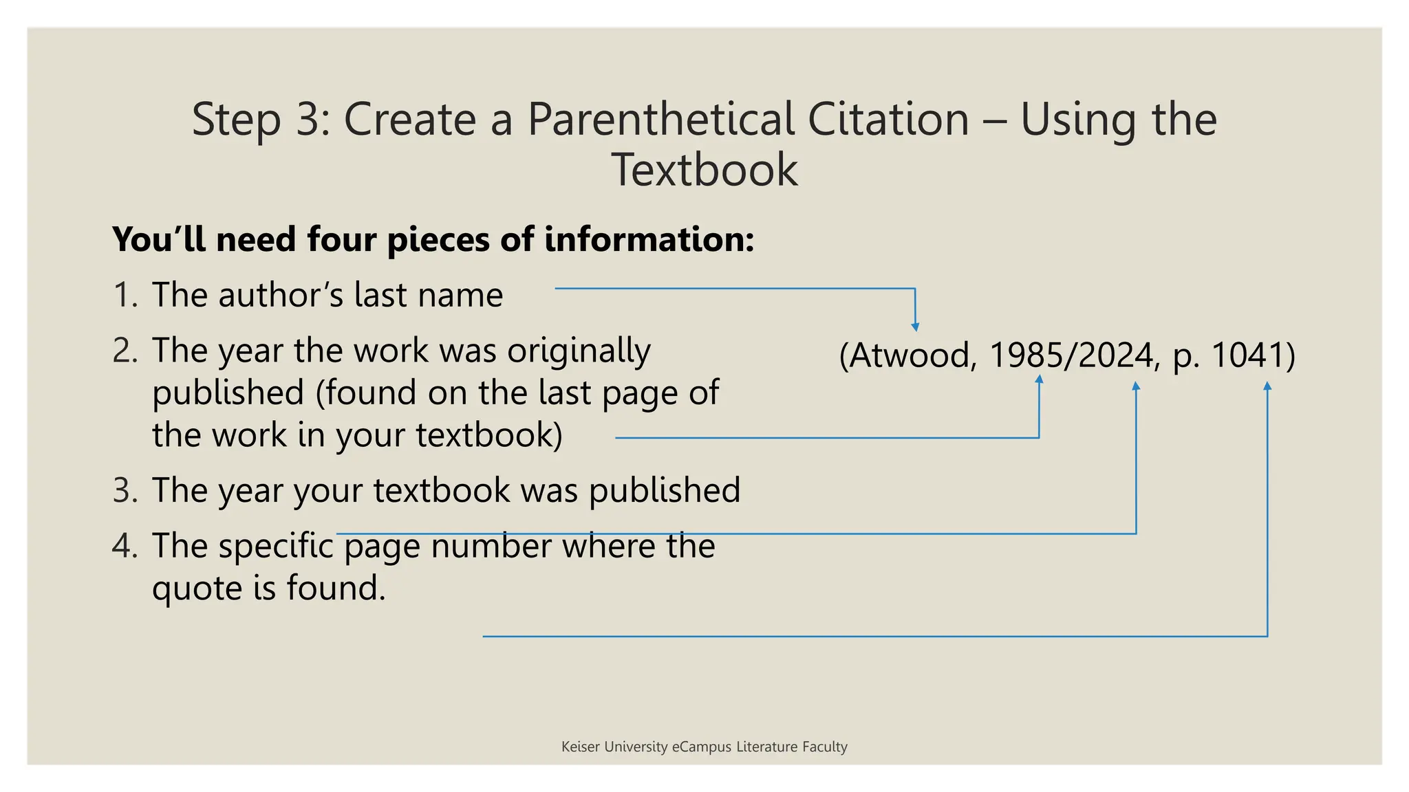 Step 3: Create a Parenthetical Citation – Using the
Textbook
Keiser University eCampus Literature Faculty
You’ll need four pieces of information:
1. The author’s last name
2. The year the work was originally
published (found on the last page of
the work in your textbook)
3. The year your textbook was published
4. The specific page number where the
quote is found.
(Atwood, 1985/2024, p. 1041)
 