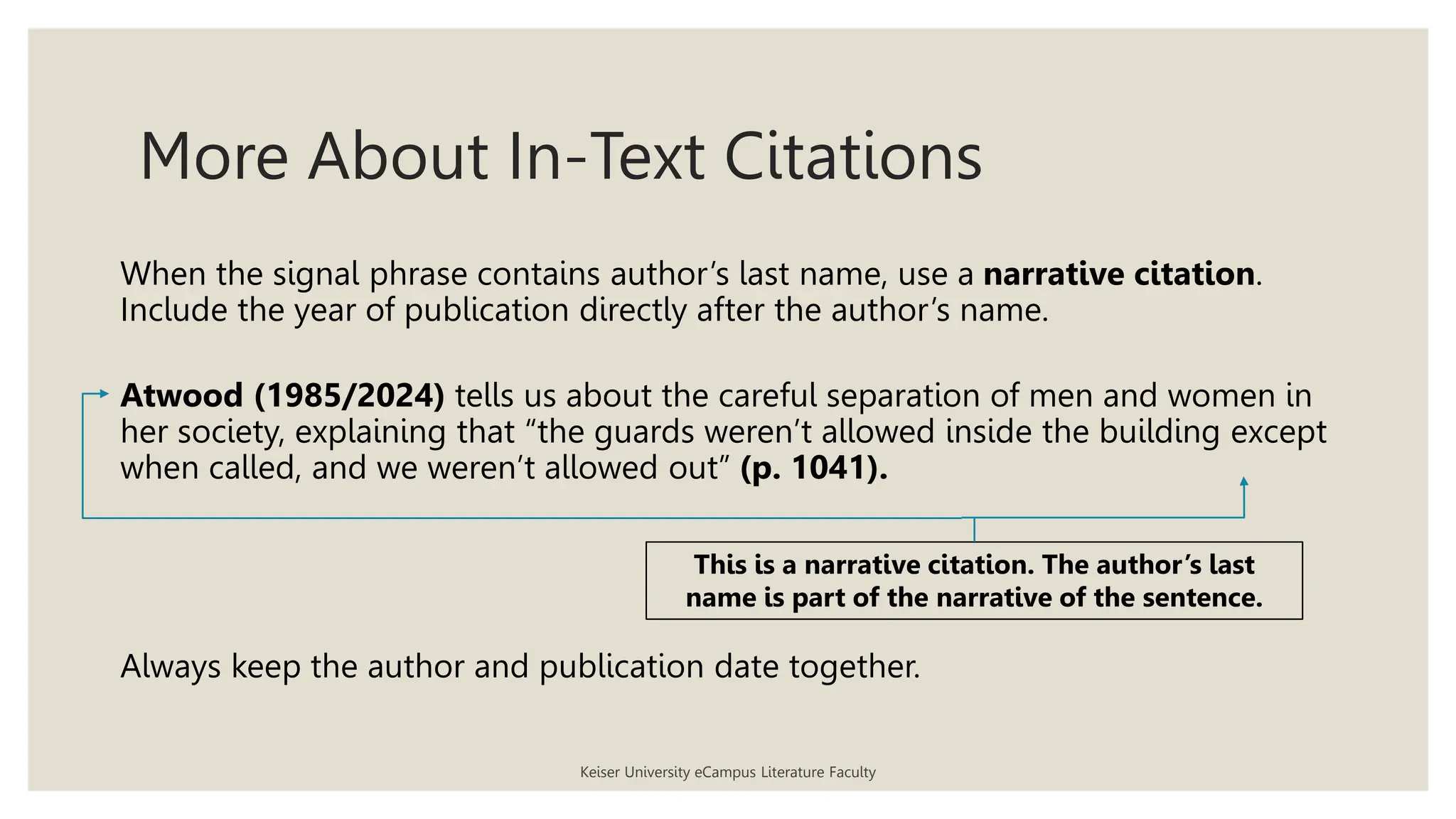 More About In-Text Citations
When the signal phrase contains author’s last name, use a narrative citation.
Include the year of publication directly after the author’s name.
Atwood (1985/2024) tells us about the careful separation of men and women in
her society, explaining that “the guards weren’t allowed inside the building except
when called, and we weren’t allowed out” (p. 1041).
Always keep the author and publication date together.
Keiser University eCampus Literature Faculty
This is a narrative citation. The author’s last
name is part of the narrative of the sentence.
 