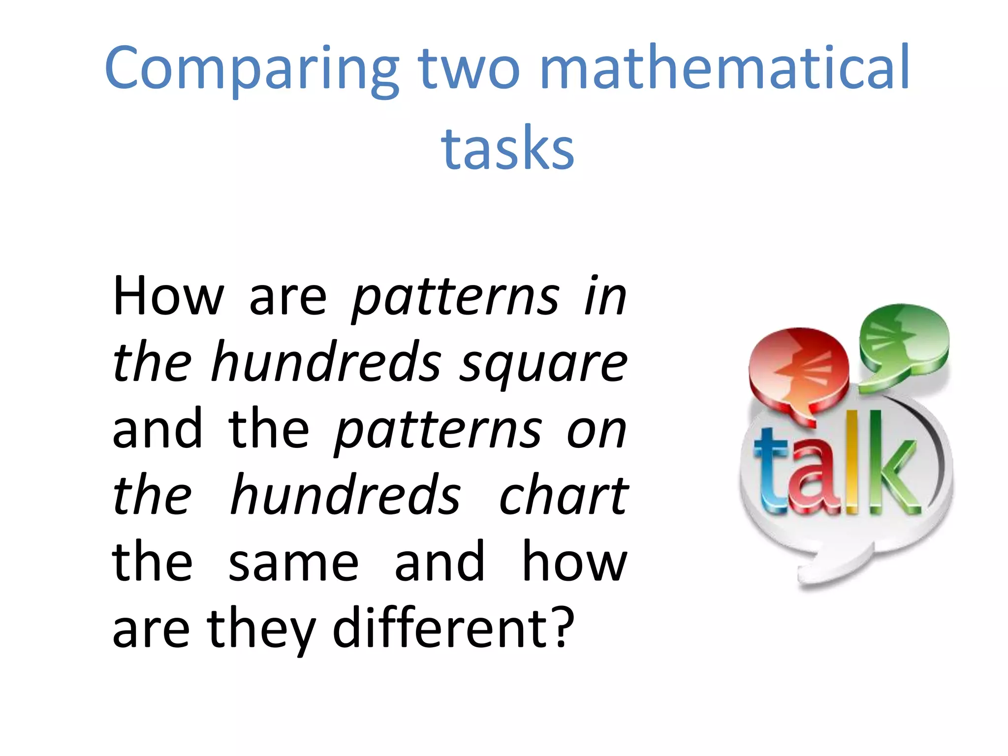 Comparing two mathematical
tasks
How are patterns in
the hundreds square
and the patterns on
the hundreds chart
the same and how
are they different?
 