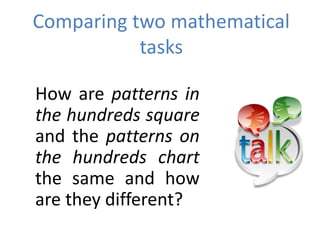 Comparing two mathematical
tasks
How are patterns in
the hundreds square
and the patterns on
the hundreds chart
the same and how
are they different?
 
