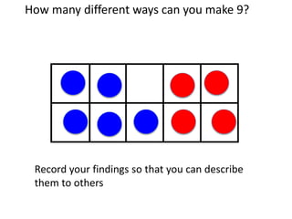 How many different ways can you make 9?
Record your findings so that you can describe
them to others
 
