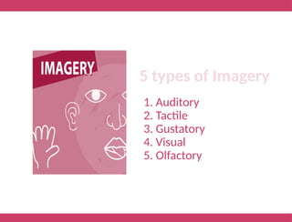 1. Auditory
2. Tactile
3. Gustatory
4. Visual
5. Olfactory
5 types of Imagery
 
