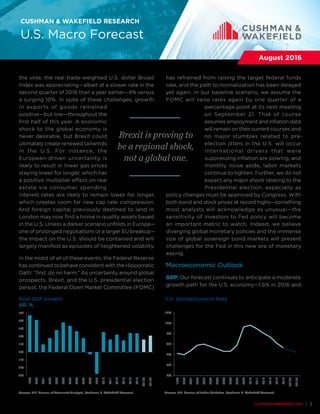 cushmanwakefield.com | 2
CUSHMAN & WAKEFIELD RESEARCH
U.S. Macro Forecast
August 2016
the vote, the real trade-weighted U.S. dollar Broad
Index was appreciating—albeit at a slower rate in the
second quarter of 2016 than a year earlier—4% versus
a surging 10%. In spite of these challenges, growth
in exports of goods remained
positive—but low—throughout the
first half of this year. A economic
shock to the global economy is
never desirable, but Brexit could
ultimately create renewed tailwinds
in the U.S. For instance, the
European-driven uncertainty is
likely to result in lower gas prices
staying lower for longer, which has
a positive multiplier effect on real
estate via consumer spending.
Interest rates are likely to remain lower for longer,
which creates room for new cap rate compression.
And foreign capital previously destined to land in
London may now find a home in quality assets based
in the U.S. Unless a darker scenario unfolds in Europe—
one of prolonged negotiations or a larger EU breakup—
the impact on the U.S. should be contained and will
largely manifest as episodes of heightened volatility.
In the midst of all of these events, the Federal Reserve
has continued to behave consistent with the Hippocratic
Oath: “first, do no harm.” As uncertainty around global
prospects, Brexit, and the U.S. presidential election
persist, the Federal Open Market Committee (FOMC)
has refrained from raising the target federal funds
rate, and the path to normalization has been delayed
yet again. In our baseline scenario, we assume the
FOMC will raise rates again by one quarter of a
percentage point at its next meeting
on September 21. That of course
assumes employment and inflation data
will remain on their current courses and
no major stumbles related to pre-
election jitters in the U.S. will occur.
International drivers that were
suppressing inflation are slowing, and
monthly noise aside, labor markets
continue to tighten. Further, we do not
expect any major shock relating to the
Presidential election, especially as
policy changes must be approved by Congress. With
both bond and stock prices at record highs—something
most analysts will acknowledge as unusual—the
sensitivity of investors to Fed policy will become
an important metric to watch. Indeed, we believe
diverging global monetary policies and the immense
size of global sovereign bond markets will present
challenges for the Fed in this new era of monetary
easing.
Macroeconomic Outlook
GDP: Our forecast continues to anticipate a moderate
growth path for the U.S. economy—1.6% in 2016 and
Real GDP Growth
AR, %
Source: U.S. Bureau of Economic Analysis, Cushman & Wakefield Forecast
-3%
-2%
-1%
0%
1%
2%
3%
4%
5%
1999
2000
2001
2002
2003
2004
2005
2006
2007
2008
2009
2010
2011
2012
2013
2014
2015
2016F
2017F
U.S. Unemployment Rate
Source: U.S. Bureau of Labor Statistics, Cushman & Wakefield Forecast
0%
2%
4%
6%
8%
10%
12%
1999
2000
2001
2002
2003
2004
2005
2006
2007
2008
2009
2010
2011
2012
2013
2014
2015
2016F
2017F
Brexit is proving to
be a regional shock,
not a global one.
 