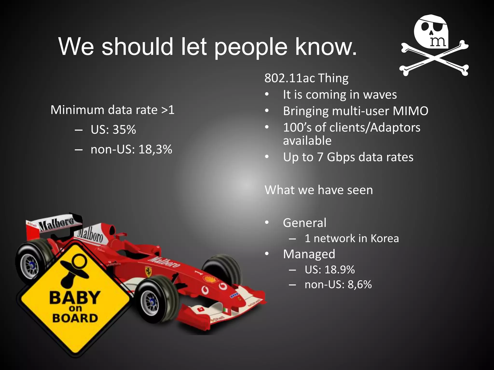 We should let people know.
802.11ac Thing
• It is coming in waves
• Bringing multi-user MIMO
• 100’s of clients/Adaptors
available
• Up to 7 Gbps data rates
What we have seen
• General
– 1 network in Korea
• Managed
– US: 18.9%
– non-US: 8,6%
Minimum data rate >1
– US: 35%
– non-US: 18,3%
 