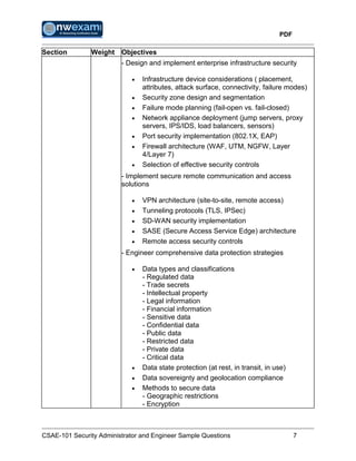 PDF
CSAE-101 Security Administrator and Engineer Sample Questions 7
Section Weight Objectives
- Design and implement enterprise infrastructure security
 Infrastructure device considerations ( placement,
attributes, attack surface, connectivity, failure modes)
 Security zone design and segmentation
 Failure mode planning (fail-open vs. fail-closed)
 Network appliance deployment (jump servers, proxy
servers, IPS/IDS, load balancers, sensors)
 Port security implementation (802.1X, EAP)
 Firewall architecture (WAF, UTM, NGFW, Layer
4/Layer 7)
 Selection of effective security controls
- Implement secure remote communication and access
solutions
 VPN architecture (site-to-site, remote access)
 Tunneling protocols (TLS, IPSec)
 SD-WAN security implementation
 SASE (Secure Access Service Edge) architecture
 Remote access security controls
- Engineer comprehensive data protection strategies
 Data types and classifications
- Regulated data
- Trade secrets
- Intellectual property
- Legal information
- Financial information
- Sensitive data
- Confidential data
- Public data
- Restricted data
- Private data
- Critical data
 Data state protection (at rest, in transit, in use)
 Data sovereignty and geolocation compliance
 Methods to secure data
- Geographic restrictions
- Encryption
 