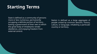 Starting Terms
State is defined as a community of persons
more or less numerous, permanently
occupying a definite portion of territory ,
having a government of their own to which
the great body of inhabitants render
obedience, and enjoying freedom from
external control.
Nation is defined as a large aggregate of
people united by common descent, history,
culture, or language, inhabiting a particular
country or territory.
 
